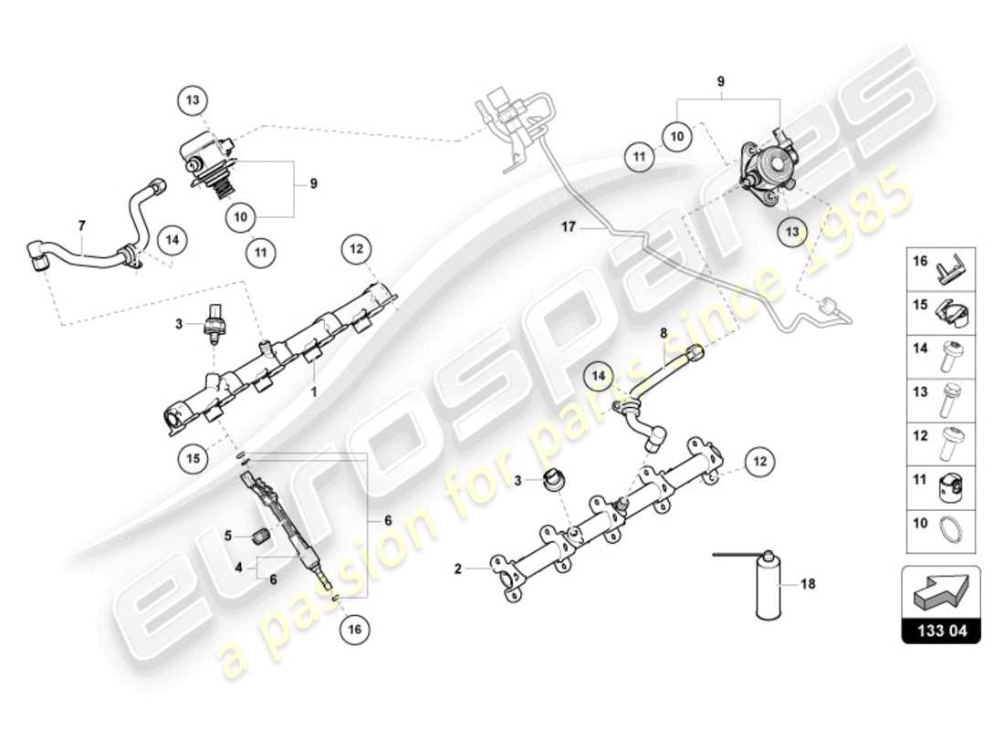 lamborghini urus performante (2024) fuel injector with injector rails parts diagram