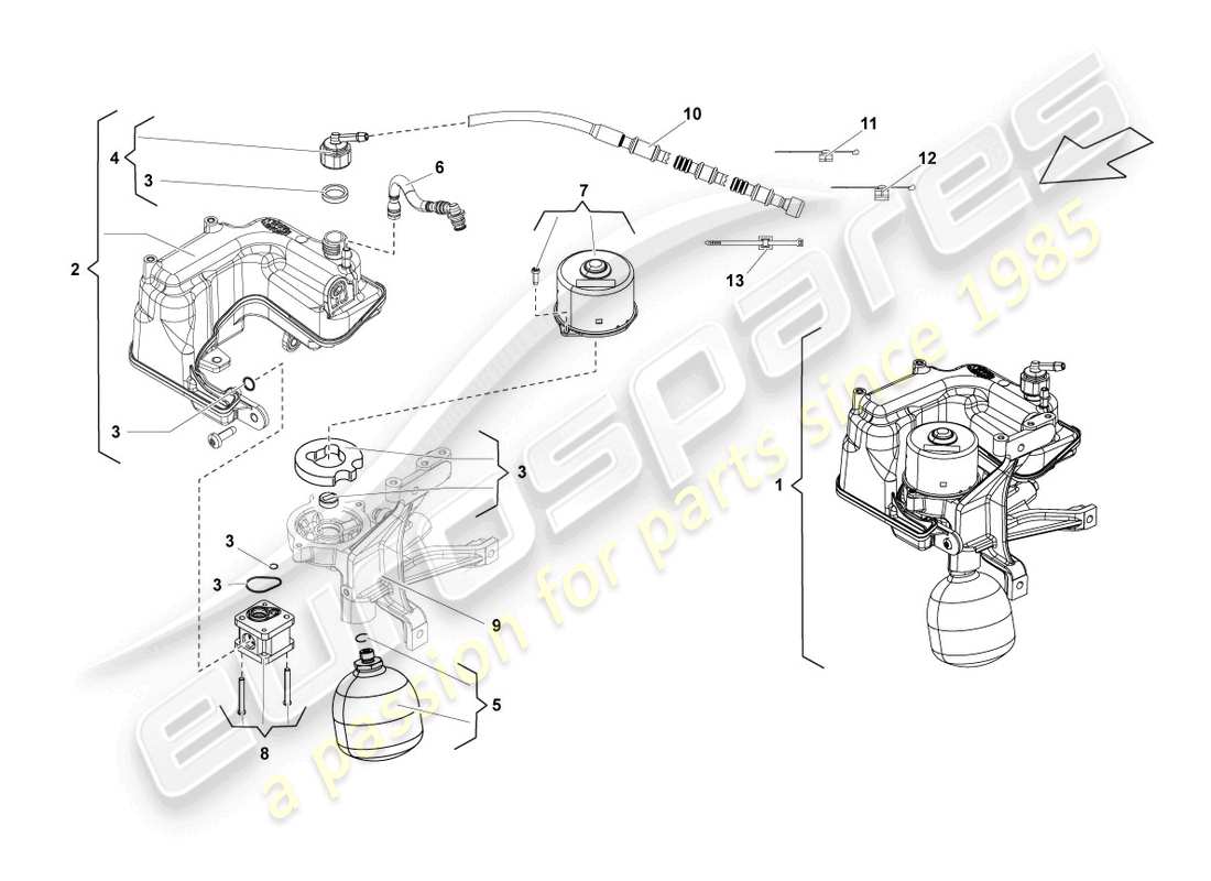 lamborghini lp560-4 spyder fl ii (2013) hydraulic system and fluid container with connect. pieces parts diagram