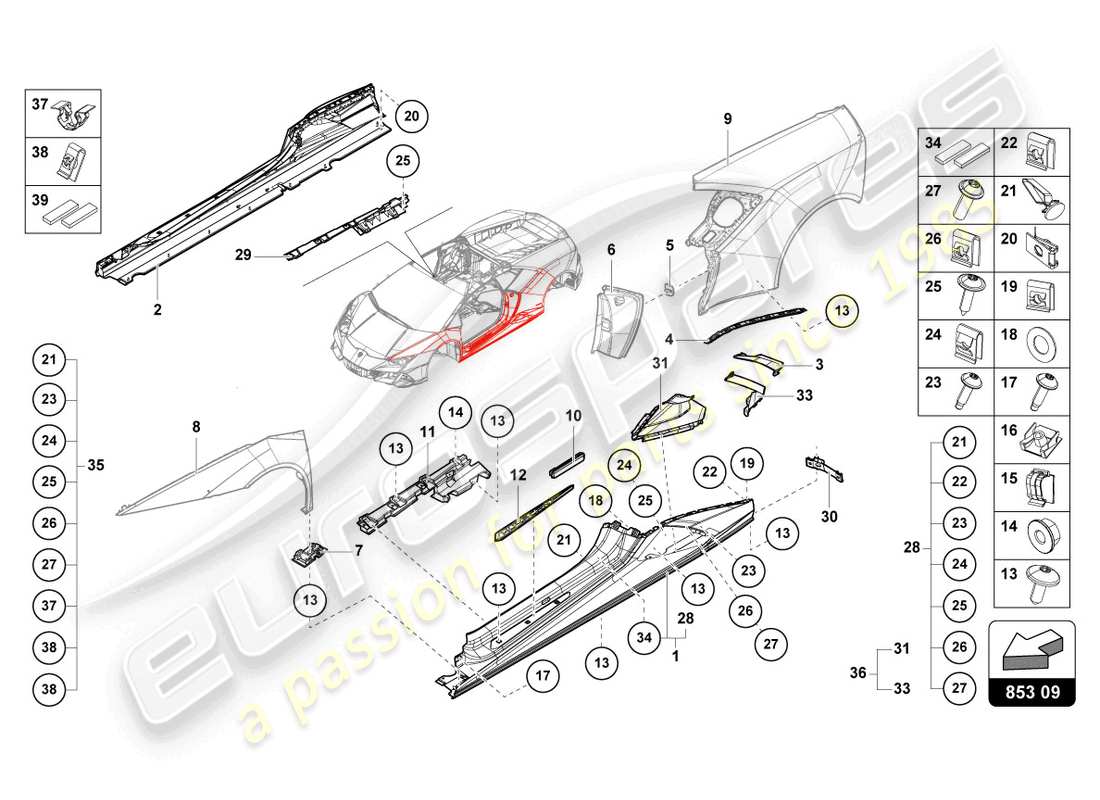 lamborghini 2022 (evo coupe 2wd) lower external side member for wheel housing part diagram