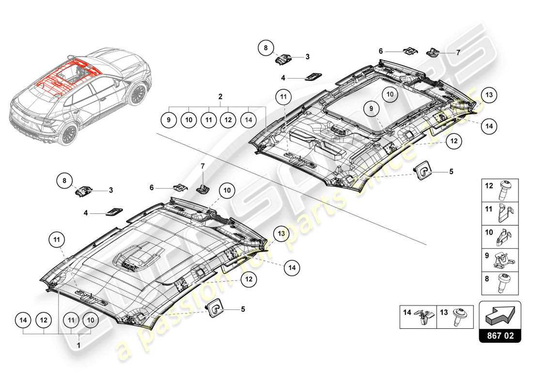 lamborghini urus performante (2024) roof trim parts diagram