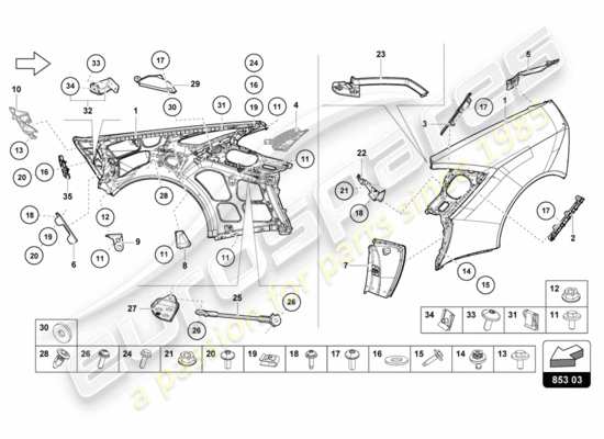 a part diagram from the lamborghini performante coupe (2020) parts catalogue