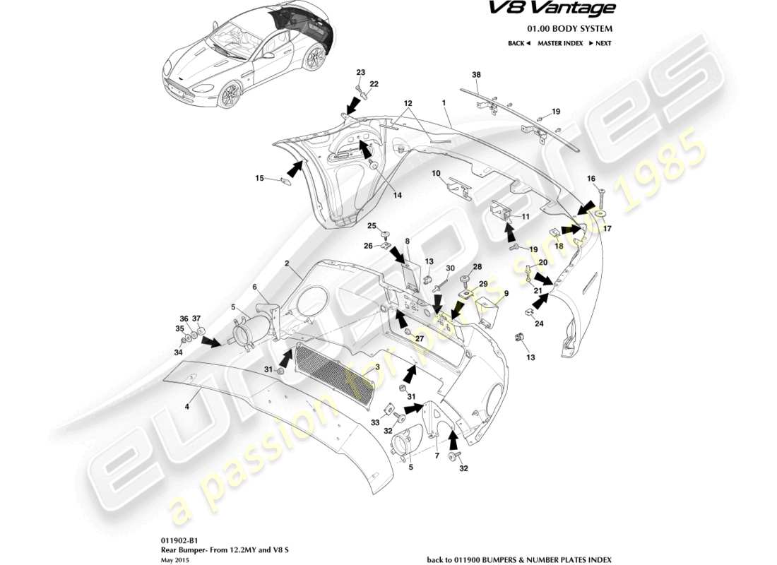 aston martin v8 vantage (2012) rear bumper, 12.25my on & v8s part diagram