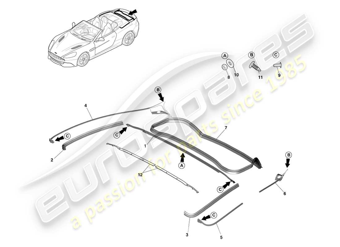 aston martin vanquish (2014) rear closure weatherstrip, volante part diagram
