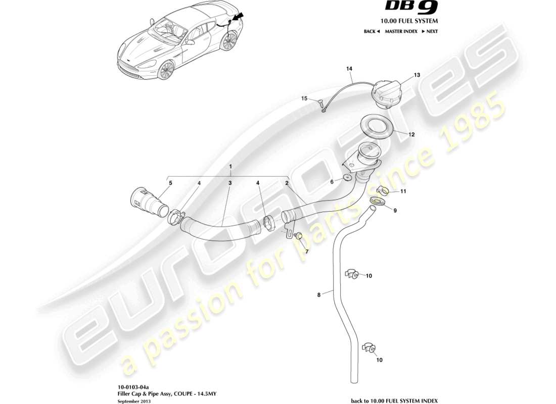 aston martin db9 (2015) fuel filler assembly, coupe 14.5my parts diagram