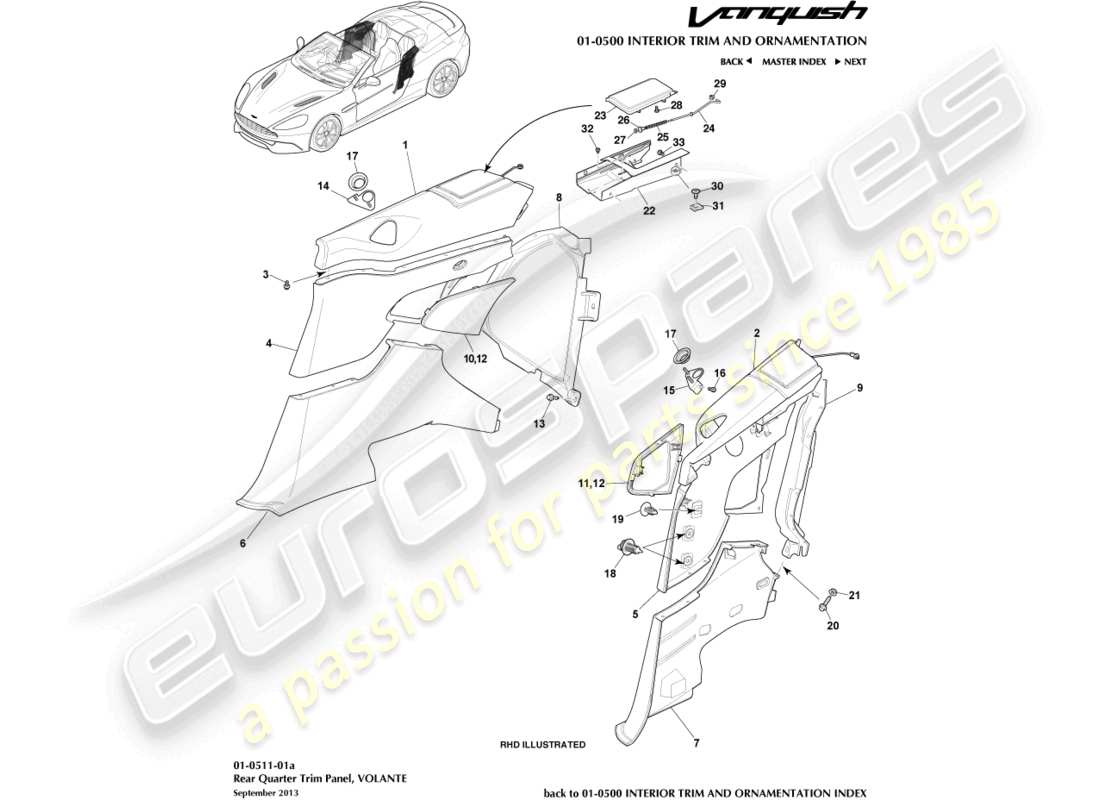 aston martin vanquish (2017) rear quarter trim panel, volante part diagram