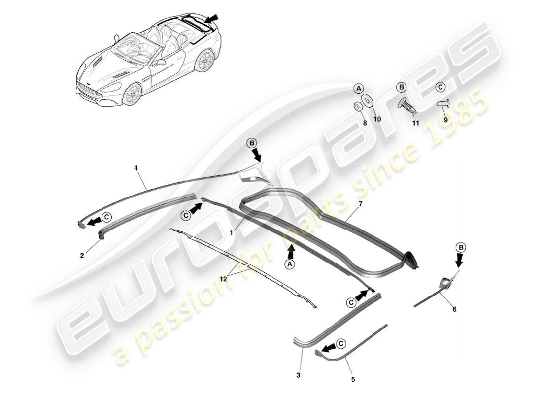aston martin vanquish (2013) rear closure weatherstrips, volante parts diagram