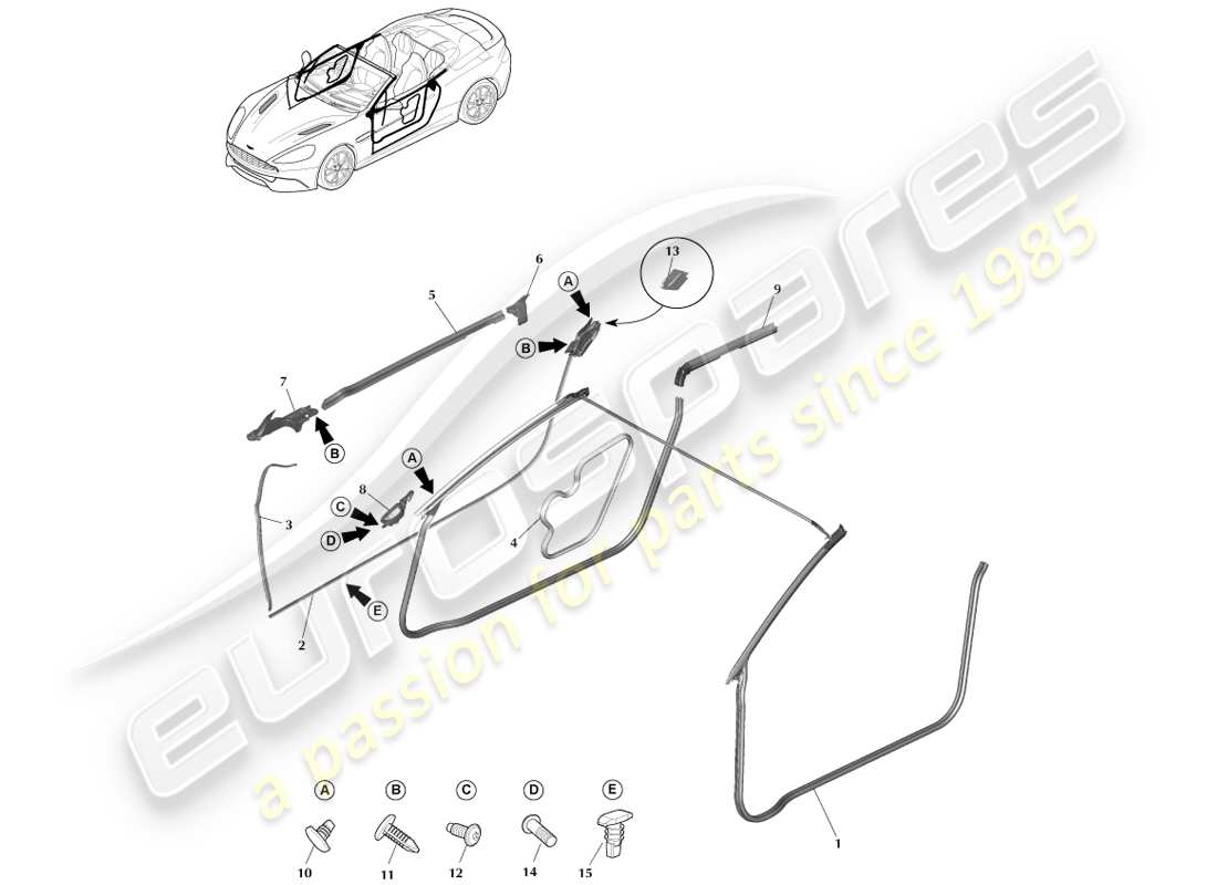 aston martin vanquish (2014) door weatherstrips, volante part diagram