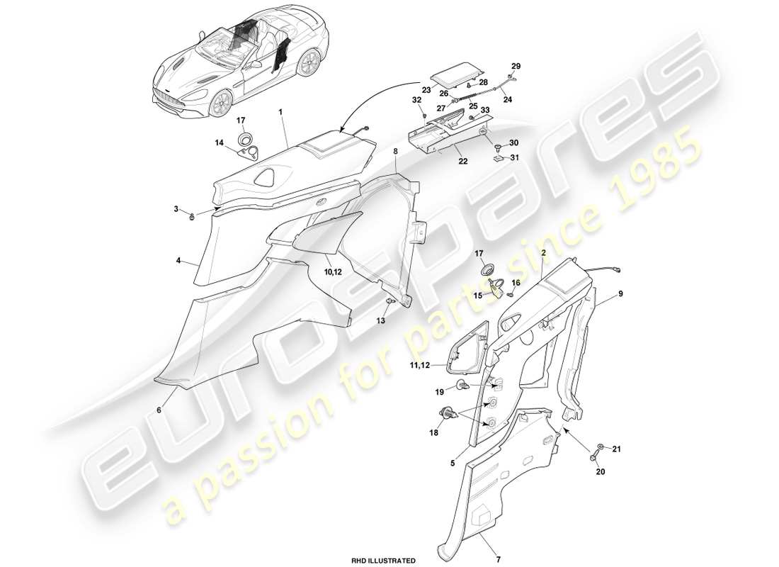 aston martin vanquish (2013) rear quarter trim panel, volante parts diagram