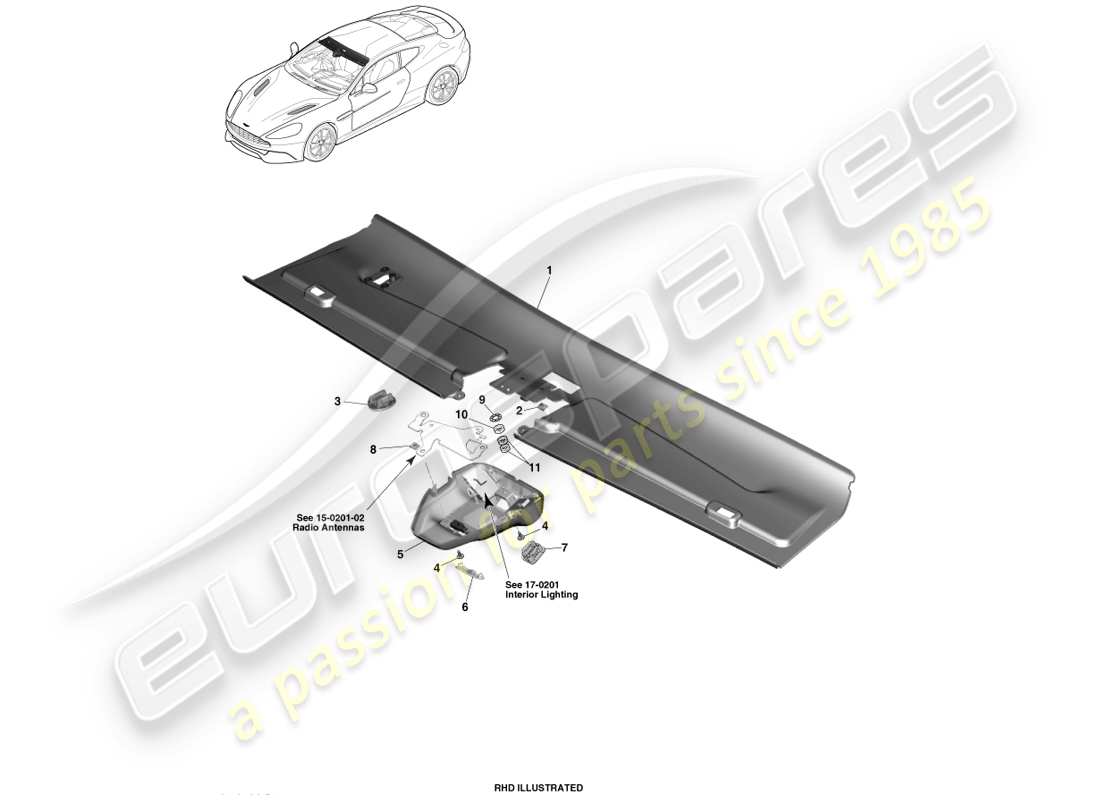 aston martin vanquish (2014) front header trim, coupe 14.5my part diagram