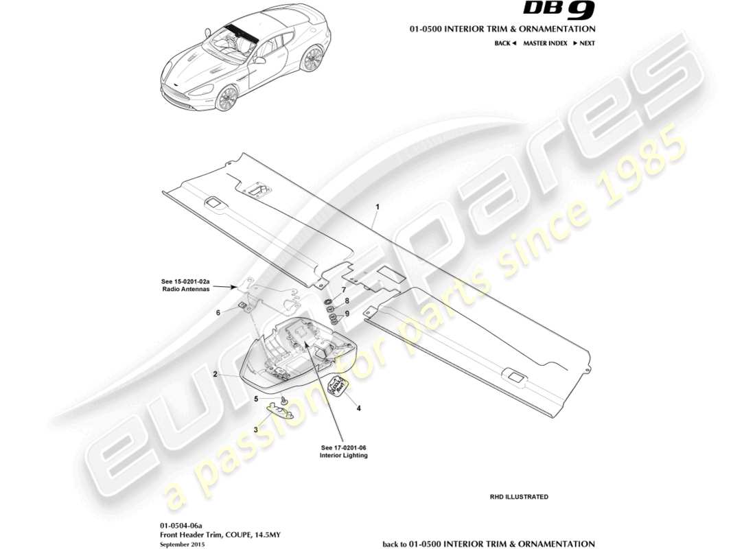 aston martin db9 (2014) front header trim, coupe, 14.5my parts diagram