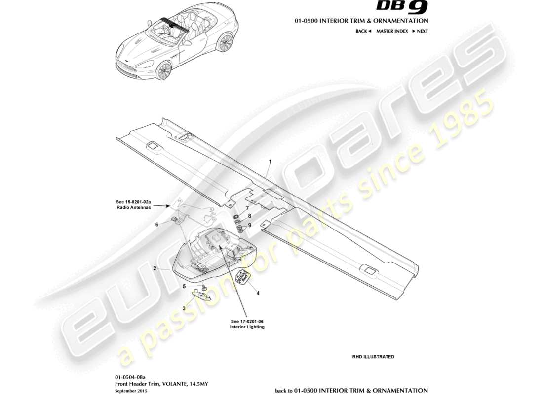 aston martin db9 (2014) front header trim, volante, 14.5my parts diagram