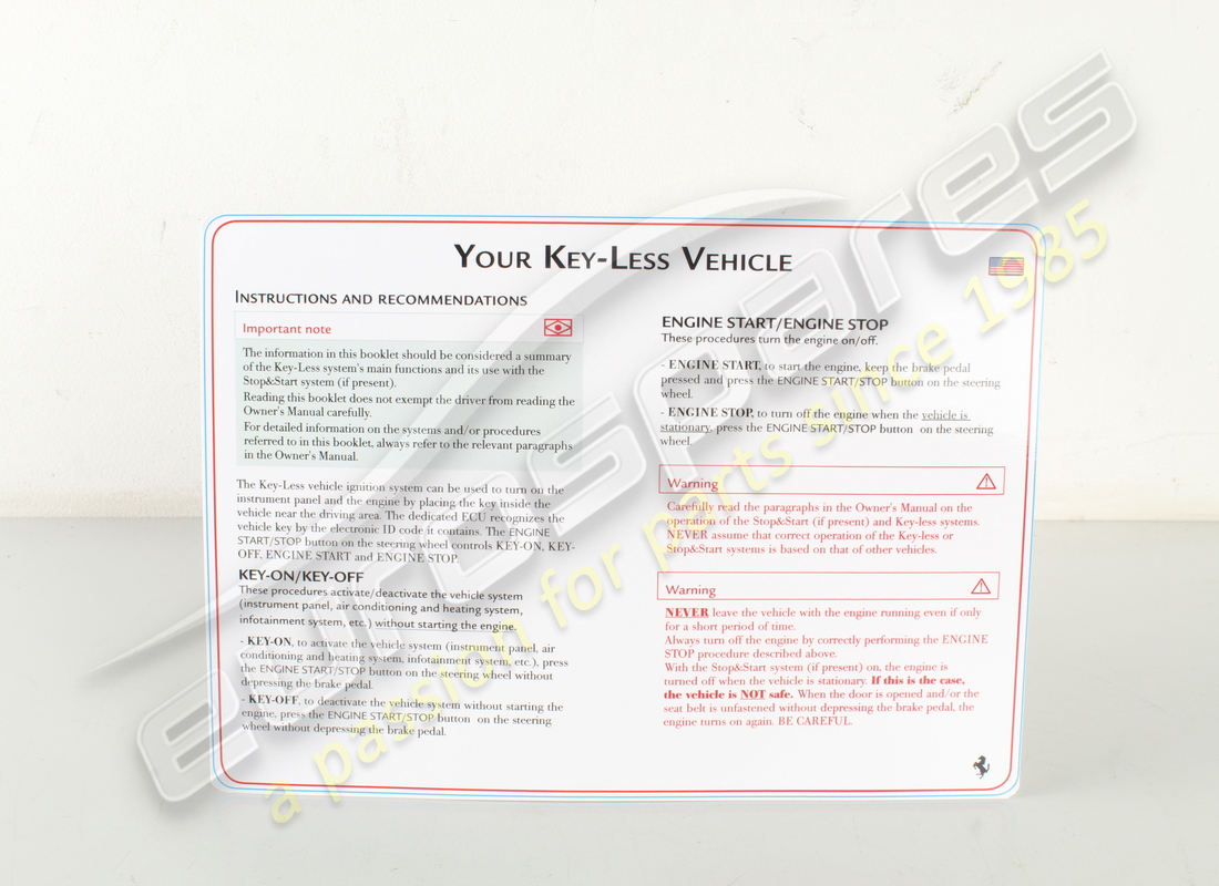 NEW FERRARI SUPPLEMENTARY WARNING SHEET. PART NUMBER 88130100 (1) new ferrari supplementary warning sheet. part number 88130100 (1)