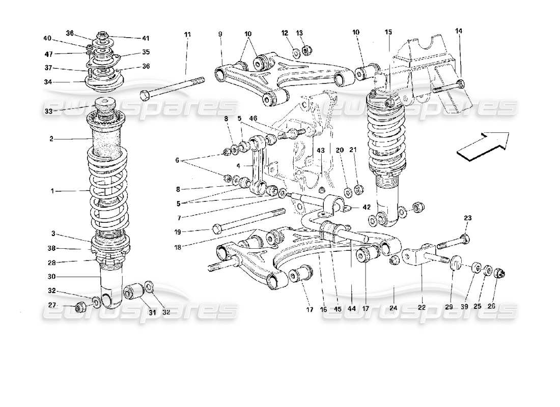 ferrari 512 m rear suspension - wishbones and shock absorber parts diagram