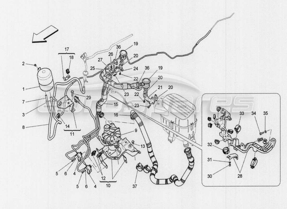 a part diagram from the maserati quattroporte m156 (2014 onwards) parts catalogue