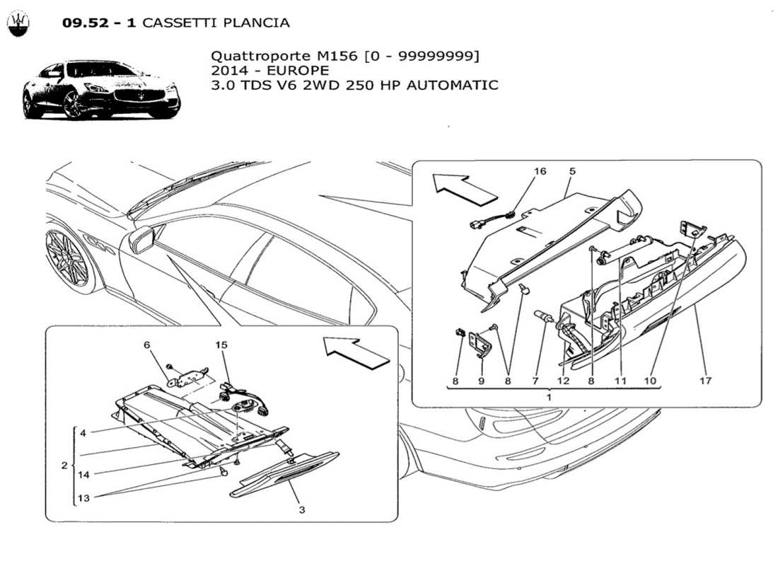 a part diagram from the maserati quattroporte m156 (2014 onwards) parts catalogue