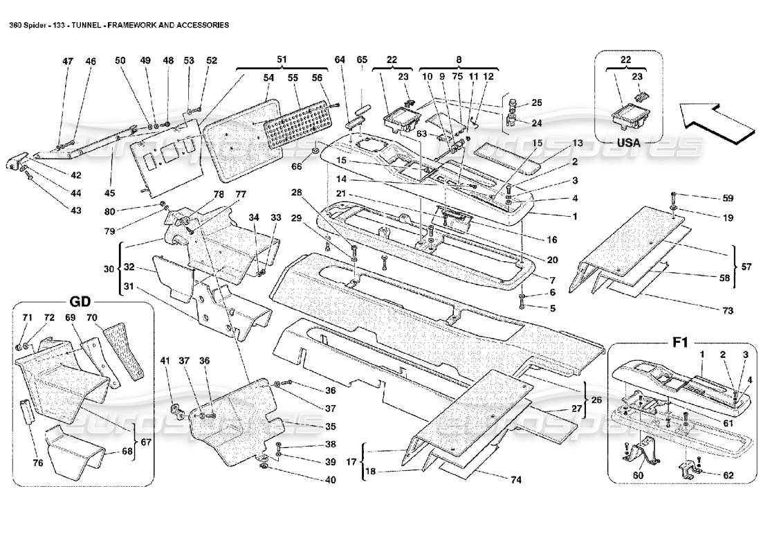 FERRARI 360 SPIDER TUNNEL - FRAMEWORK AND ACCESSORIES PART DIAGRAM ferrari 360 spider tunnel - framework and accessories part diagram