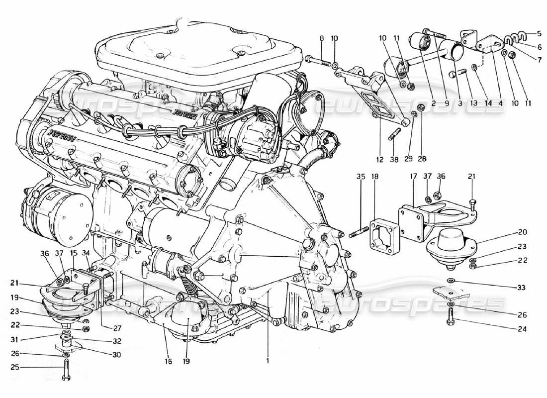 ferrari 308 gtb (1976) engine - gearbox and supports parts diagram