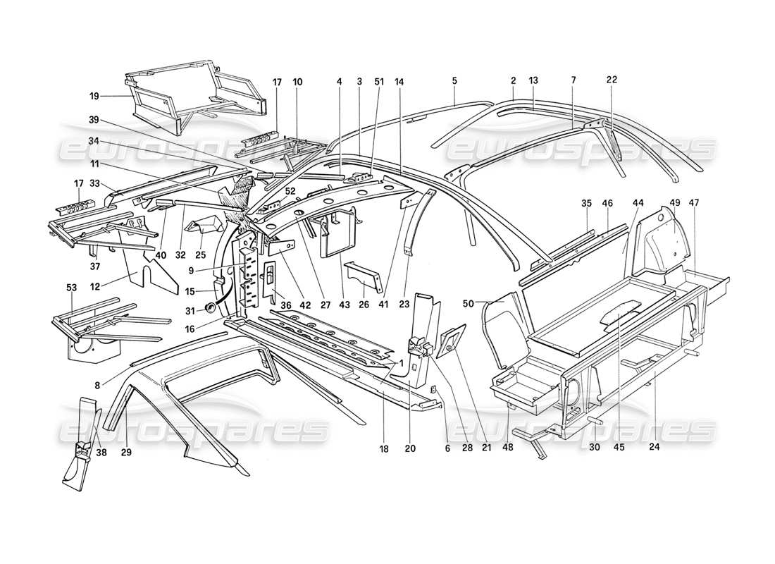 ferrari 208 turbo (1989) body shell - inner elements parts diagram