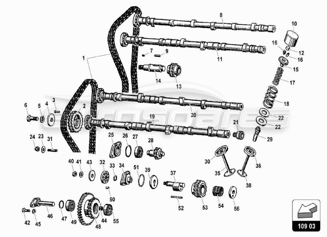 LAMBORGHINI MIURA P400S HEAD TIMING SYSTEM PART DIAGRAM lamborghini miura p400s head timing system part diagram