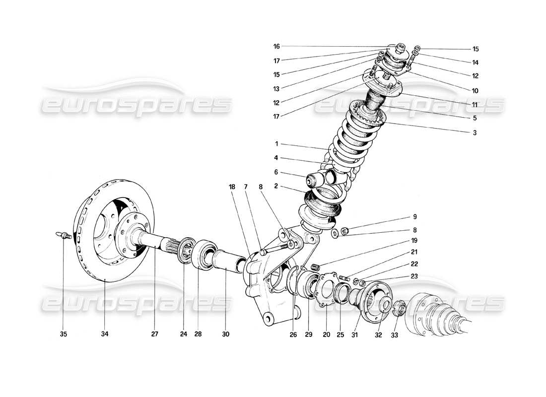 ferrari mondial 8 (1981) rear suspension - shock absorber and brake disc parts diagram