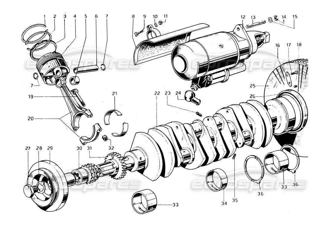 FERRARI 275 GTB/GTS 2 CAM CRANKSHAFT, CON RODS & PISTONS PART DIAGRAM ferrari 275 gtb/gts 2 cam crankshaft, con rods & pistons part diagram