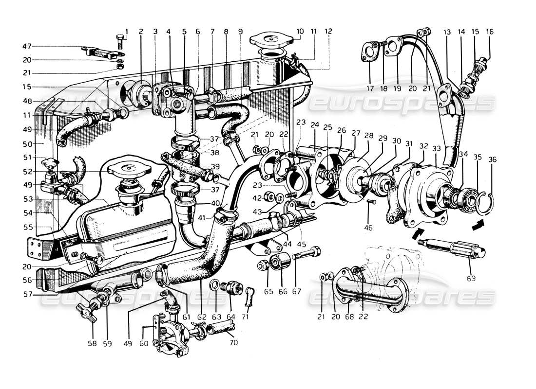 FERRARI 275 GTB/GTS 2 CAM WATER RADIATOR & WATER PUMP PART DIAGRAM ferrari 275 gtb/gts 2 cam water radiator & water pump part diagram