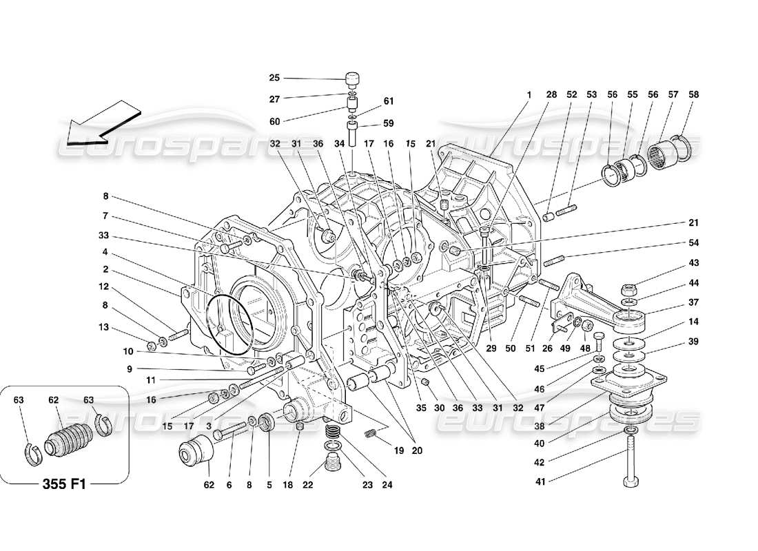 ferrari 355 (5.2 motronic) gearbox-differential housing and intermediate casing parts diagram