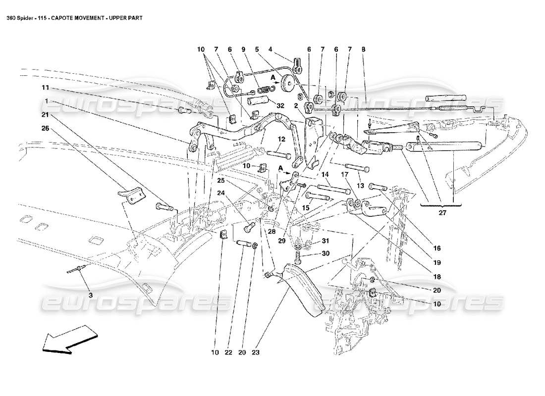 FERRARI 360 SPIDER CAPOTE MOVEMENT - UPPER PART PART DIAGRAM ferrari 360 spider capote movement - upper part part diagram