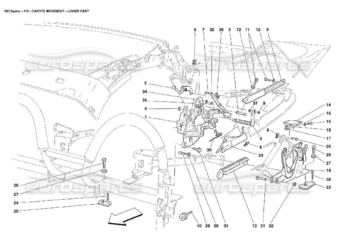 ferrari 360 spider capote movement - lower part parts diagram