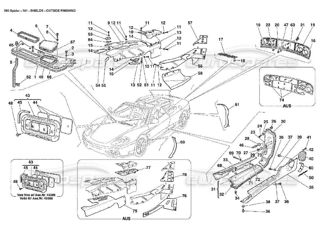 FERRARI 360 SPIDER SHIELDS - OUTSIDE FINISHING PART DIAGRAM ferrari 360 spider shields - outside finishing part diagram