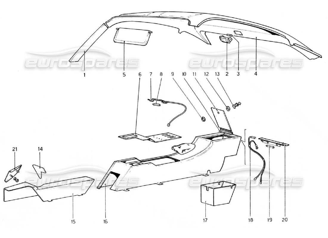ferrari 308 gtb (1976) tunnel and roof (valid for rhd - aus versions) parts diagram