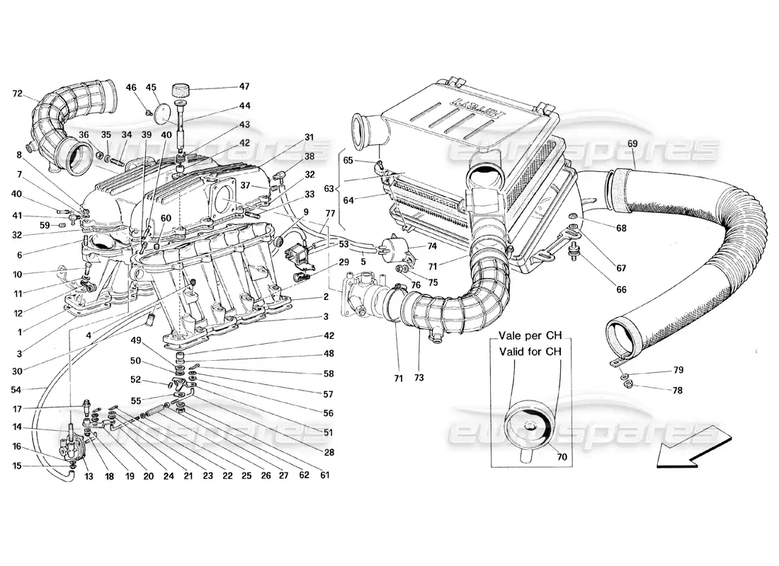 ferrari 348 (1993) tb / ts manifolds and air intake parts diagram