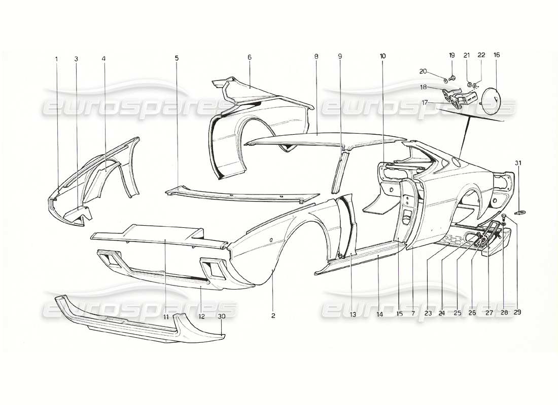 ferrari 308 gt4 dino (1976) body shell - outer elements parts diagram