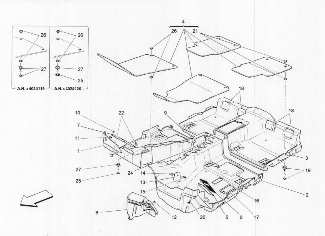 a part diagram from the maserati quattroporte m156 (2014 onwards) parts catalogue