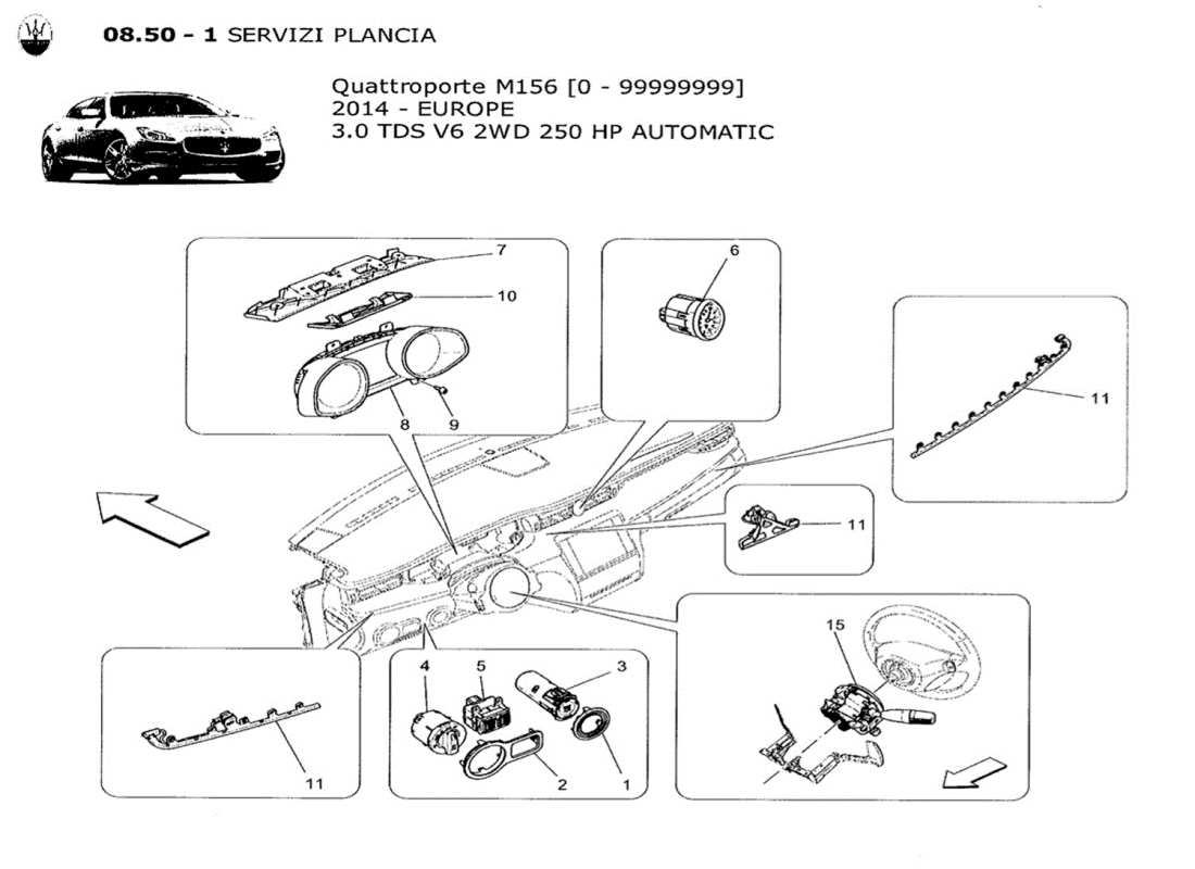 a part diagram from the maserati quattroporte m156 (2014 onwards) parts catalogue