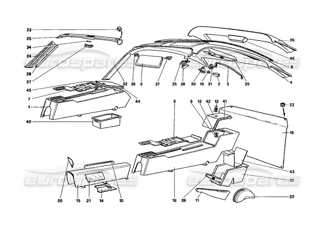 ferrari 328 (1985) tunnel and roof parts diagram