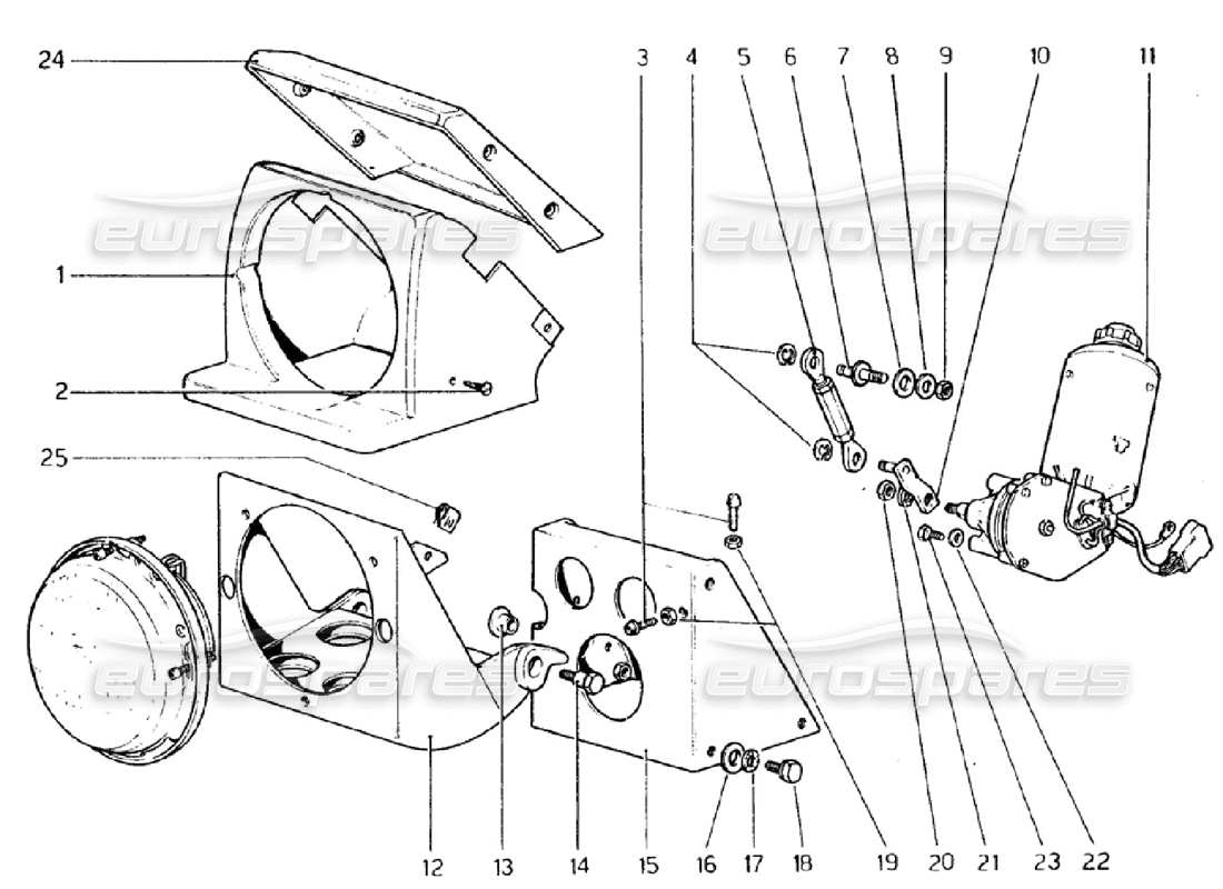 ferrari 308 gtb (1976) headlights lifting device (valid for rhd - aus versions) parts diagram
