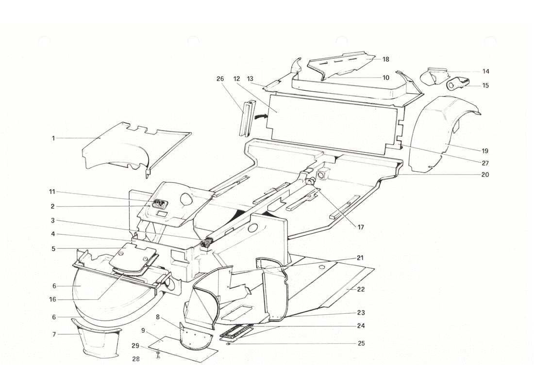 ferrari 208 gtb gts body shell - inner elements parts diagram