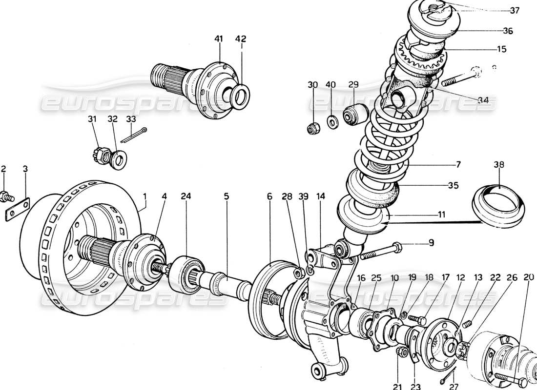 ferrari 365 gtb4 daytona (1969) shock absorber, hub & rear brake disc parts diagram