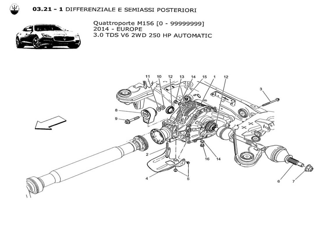 maserati qtp. v6 3.0 tds 250bhp 2014 differential and rear axle shafts parts diagram