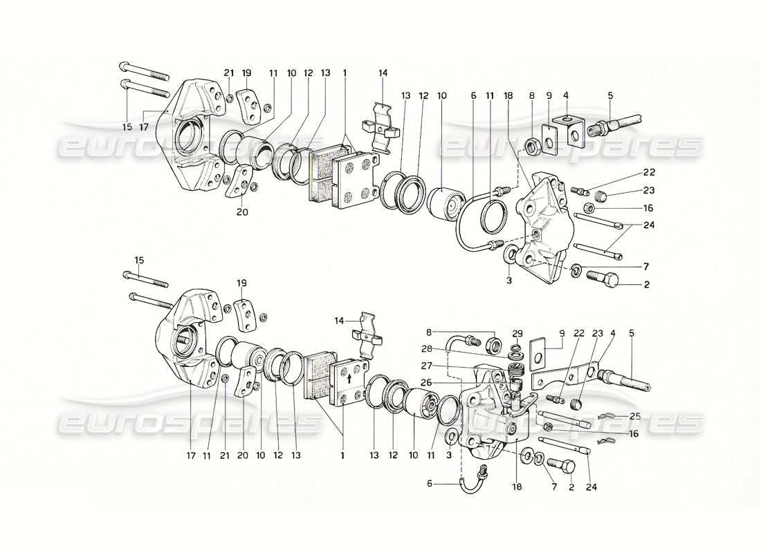 ferrari 308 gt4 dino (1976) calipers for front and rear brakes parts diagram