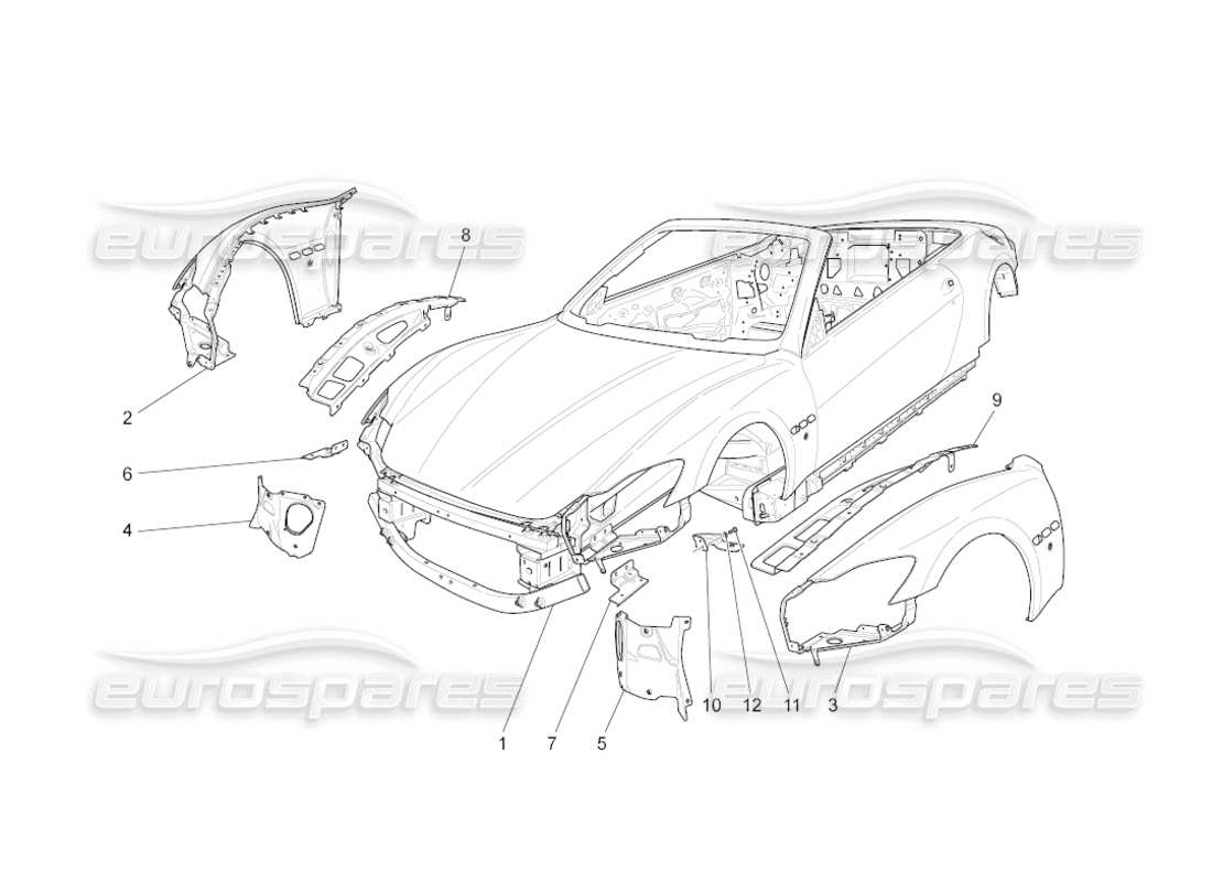 maserati grancabrio (2010) 4.7 bodywork and front outer trim panels part diagram