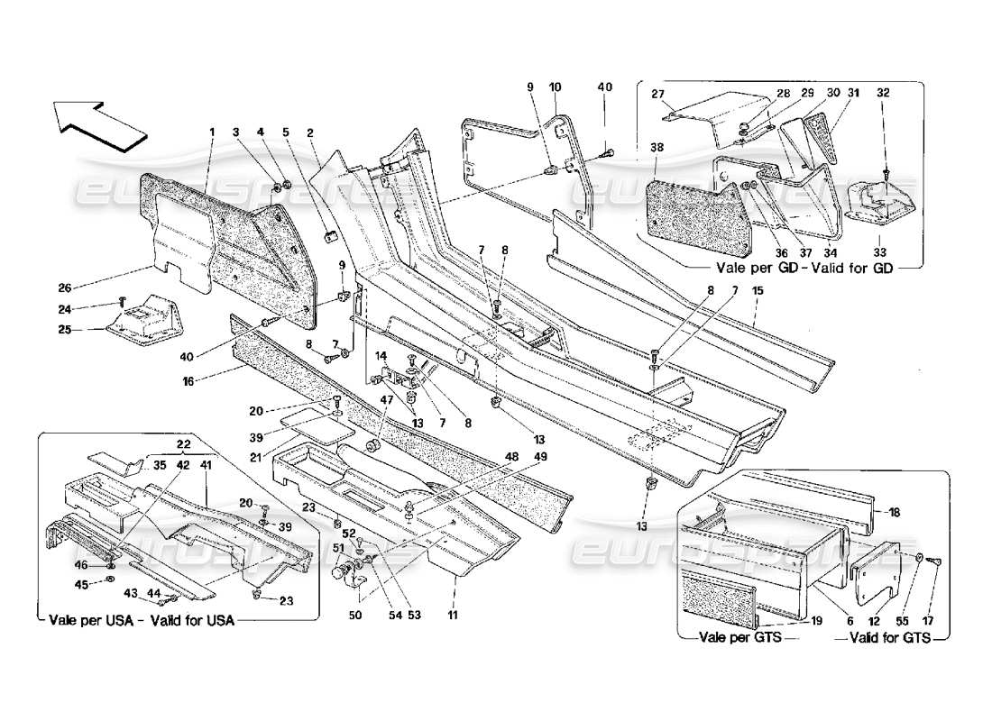ferrari 348 (2.7 motronic) tunnel - framework and trims parts diagram