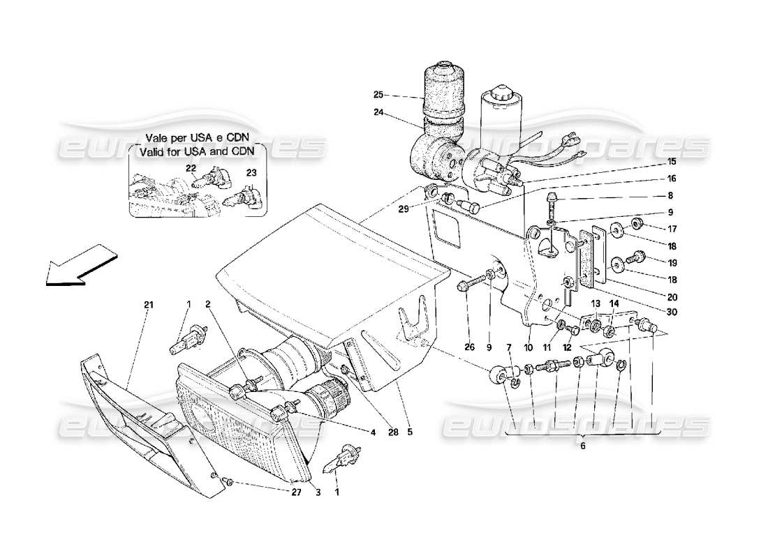 ferrari 348 (2.7 motronic) lights lifting device and headlights parts diagram