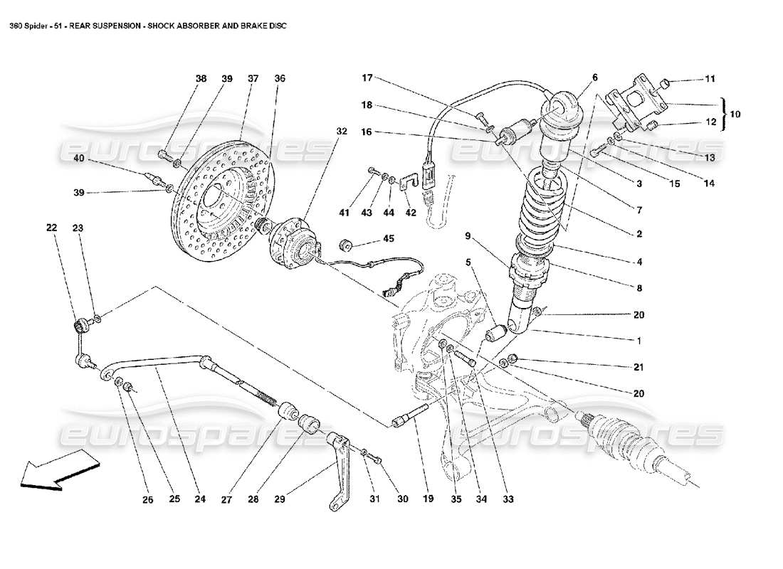 FERRARI 360 SPIDER REAR SUSPENSION - SHOCK ABSORBER AND BRAKE DISC PART DIAGRAM ferrari 360 spider rear suspension - shock absorber and brake disc part diagram