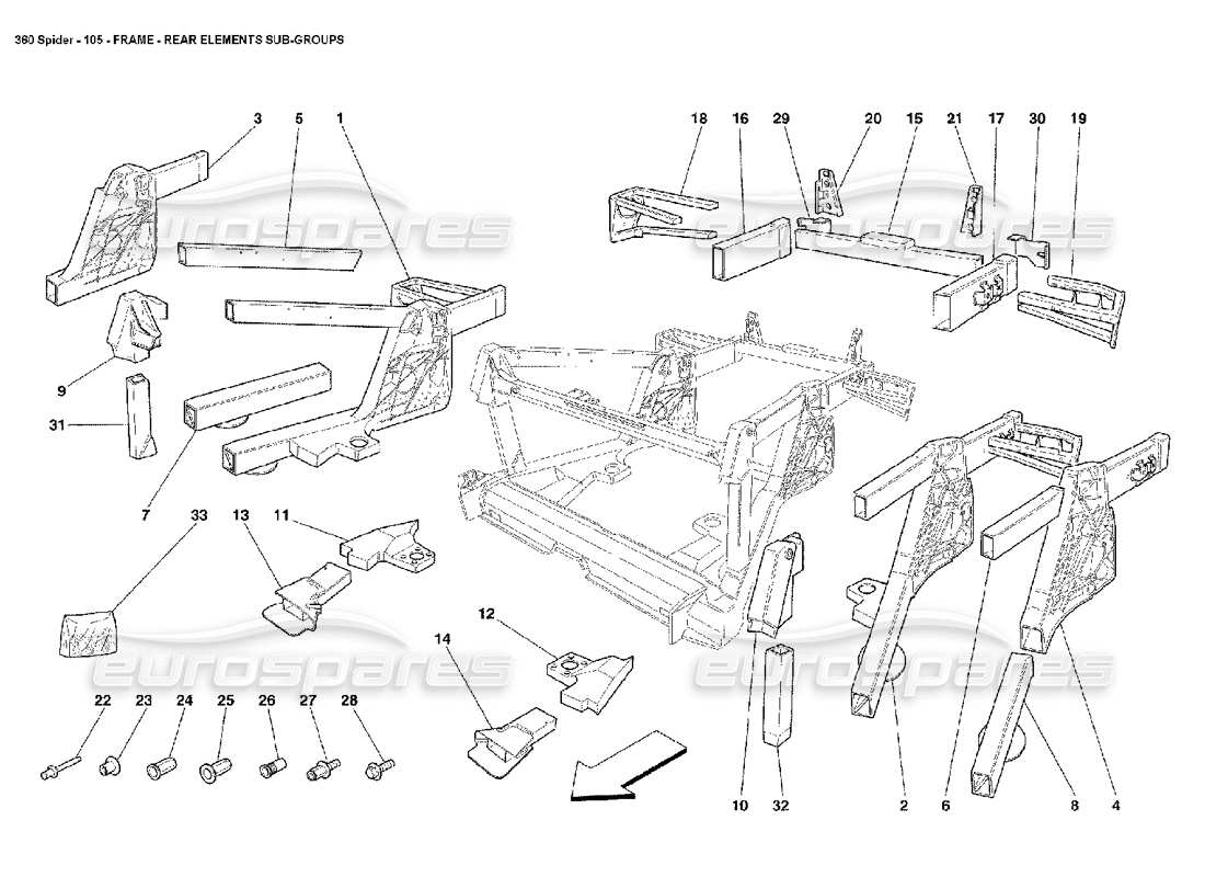 FERRARI 360 SPIDER FRAME - REAR ELEMENTS SUB - GROUPS PART DIAGRAM ferrari 360 spider frame - rear elements sub - groups part diagram