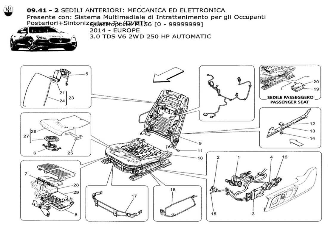 maserati qtp. v6 3.0 tds 250bhp 2014 front seats: mechanics and electronics parts diagram