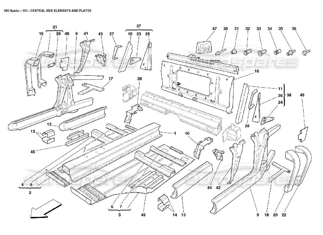 FERRARI 360 SPIDER CENTRAL SIDE ELEMENTS AND PLATES PART DIAGRAM ferrari 360 spider central side elements and plates part diagram