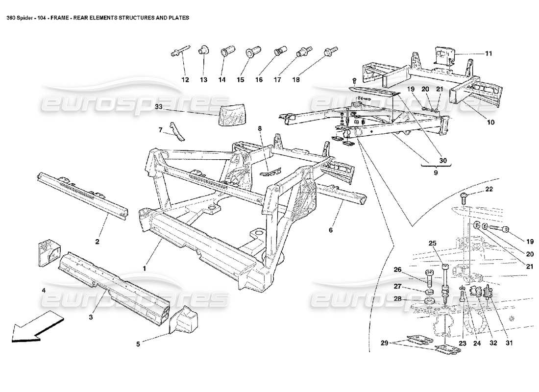 FERRARI 360 SPIDER FRAME - REAR ELEMENTS STRUCTURES AND PLATES PART DIAGRAM ferrari 360 spider frame - rear elements structures and plates part diagram