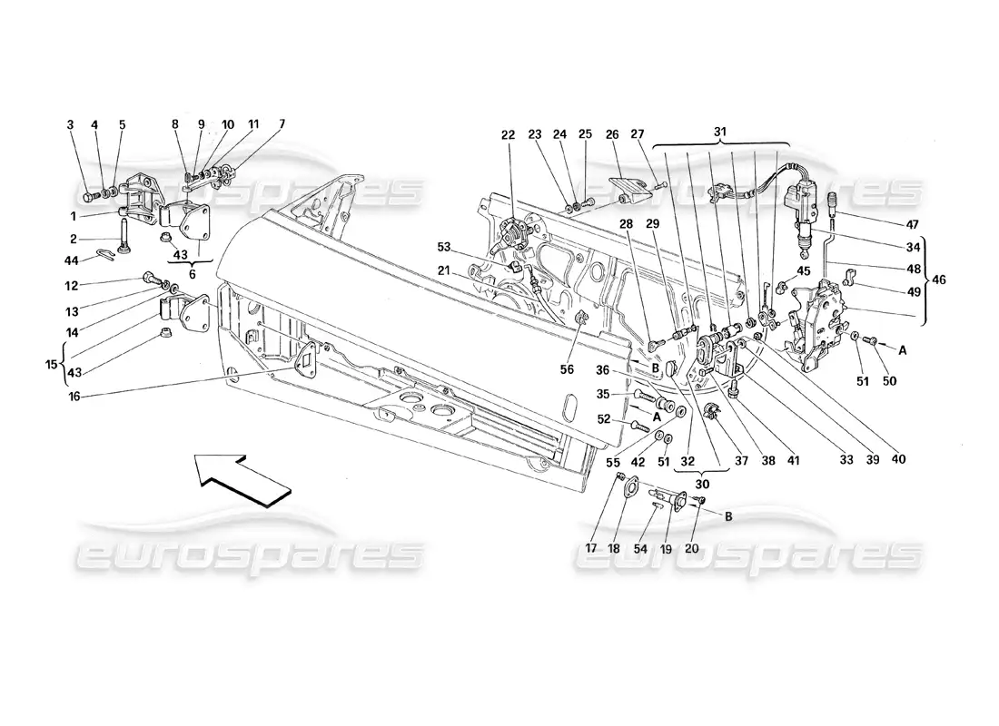 ferrari 348 (1993) tb / ts doors - opening control and hinges parts diagram
